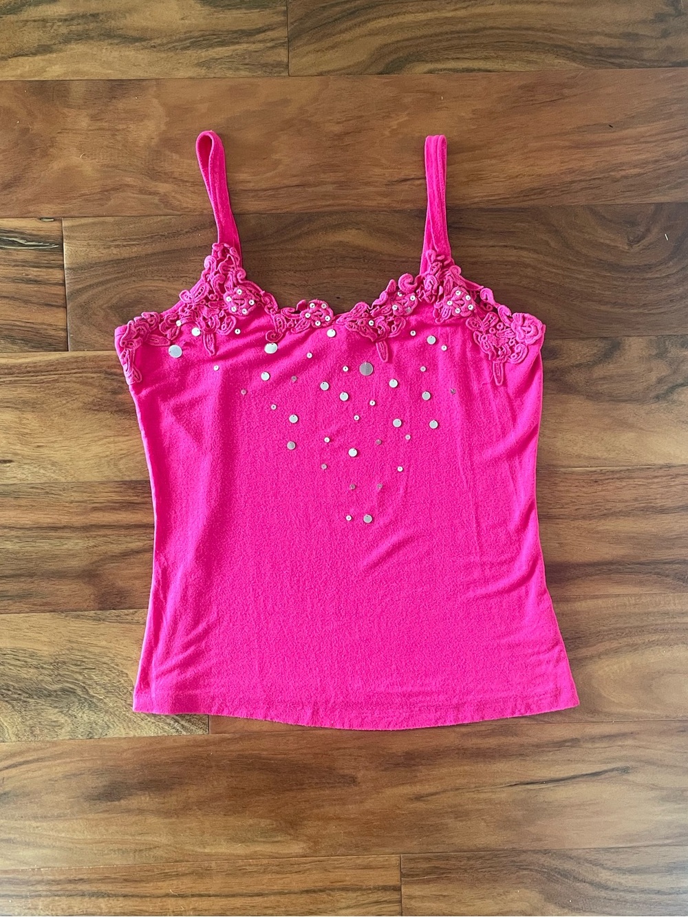 Y2K Pink Sequin Floral Lace Camisole